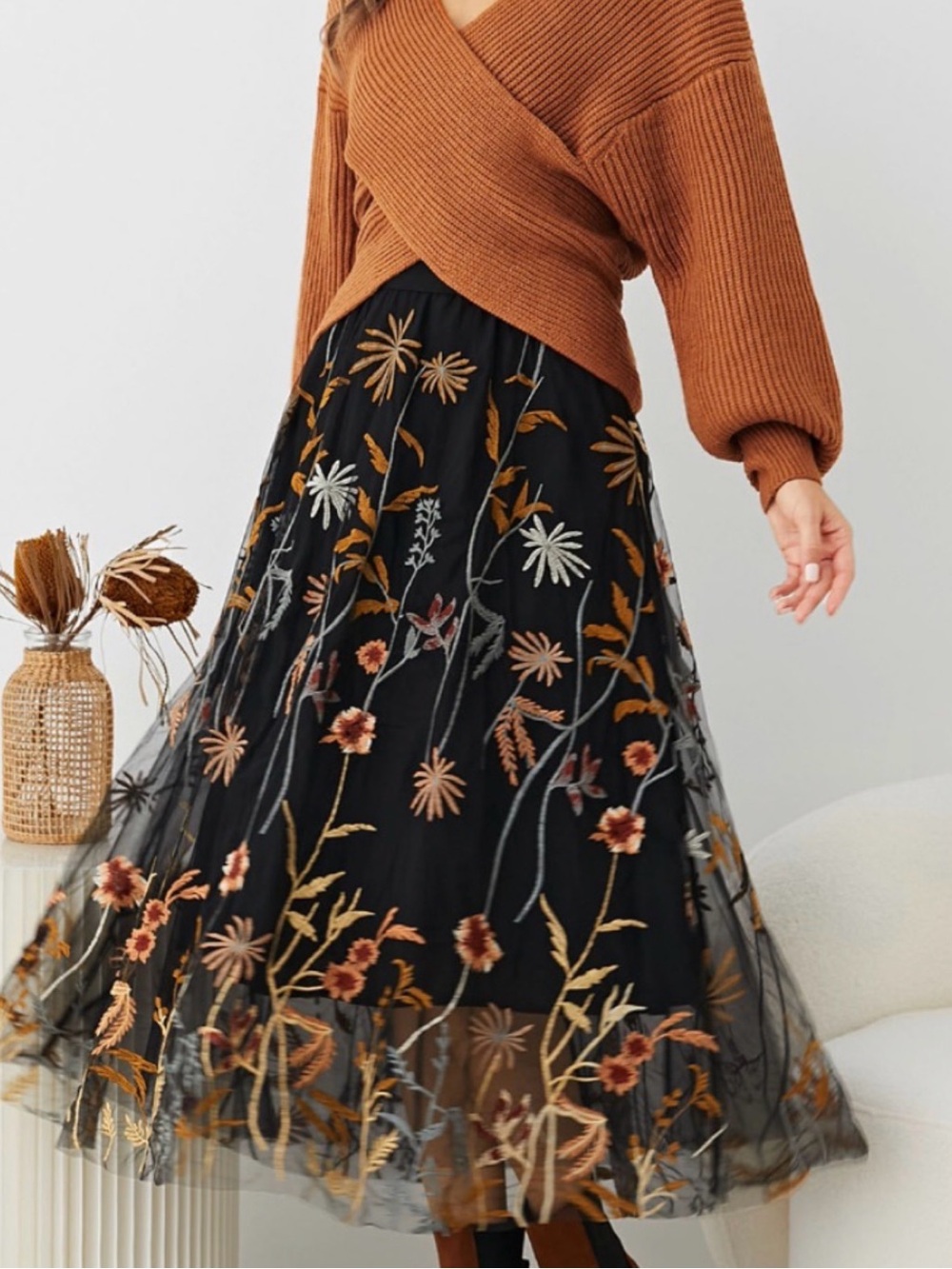 Embroidered mesh gauzy Black Floral Midi Skirt three layers Large